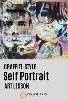 Graffiti-Style Self Portrait Art Lesson that uses digital photography, transparencies, collage materials, and block printing.